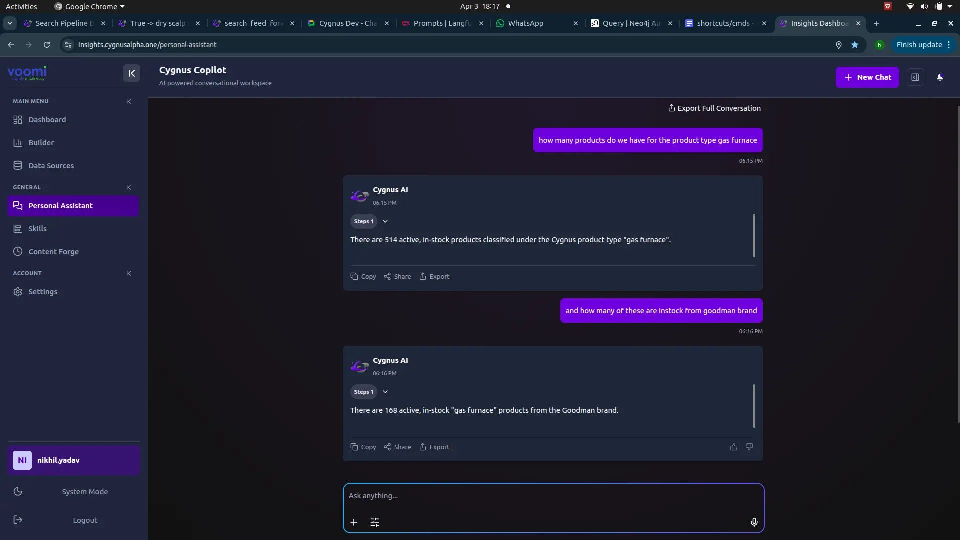 Cygnus Copilot AI assistant answering natural language questions about gas furnace products