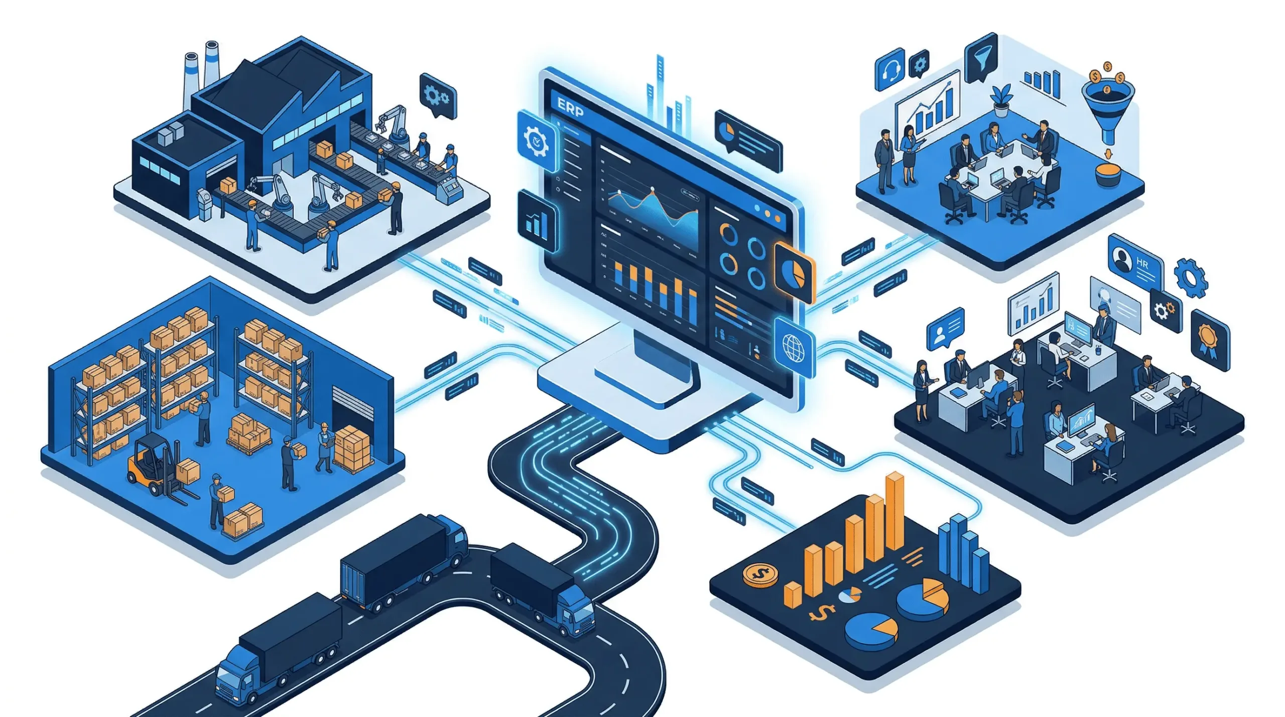 ERPNext 2026 definitive guide hero — open-source ERP dashboard showing accounting, inventory, HR, and manufacturing modules