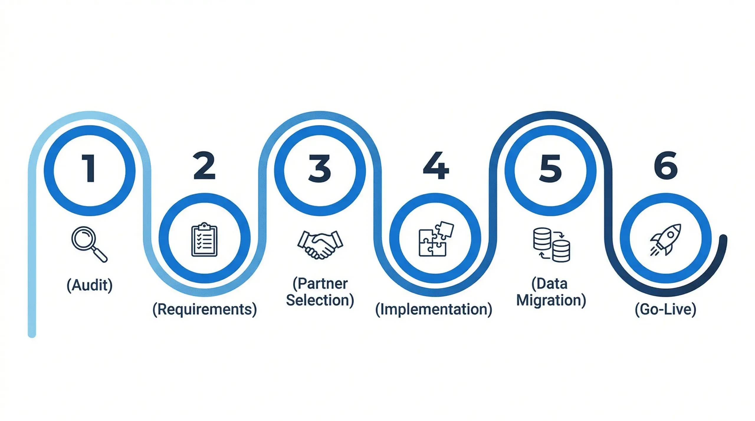 ERPNext implementation roadmap showing 6 steps from process audit to training and go-live