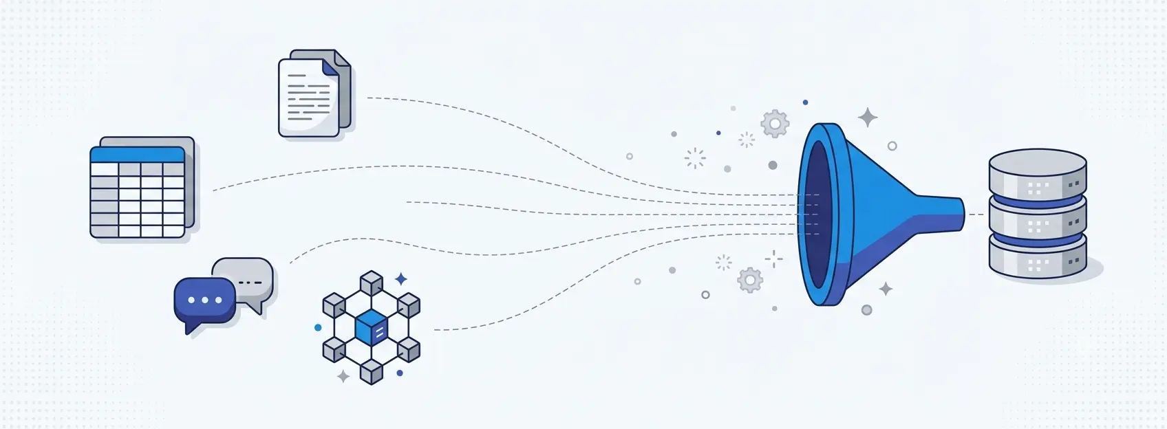 Illustration of scattered data sources converging into one system, representing the AI data readiness gap